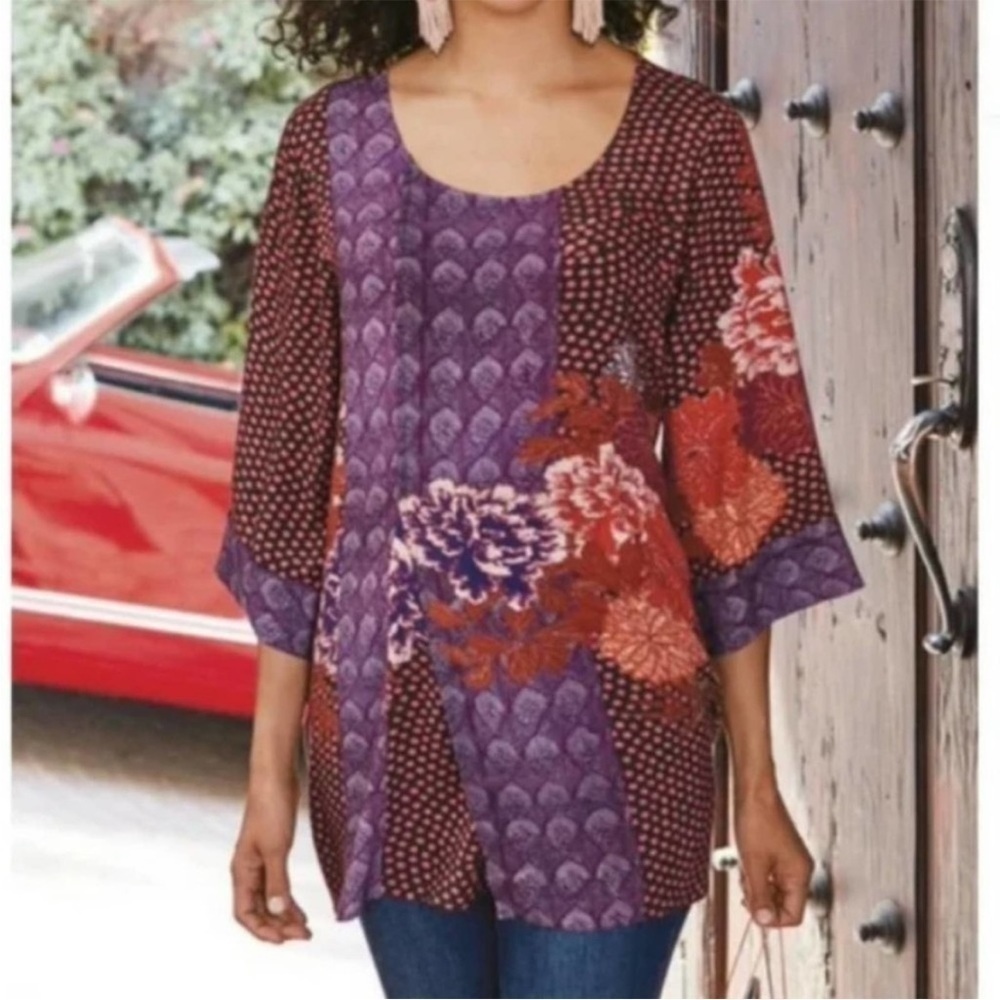 Soft Surroundings Dreaming Dahlia Floral 3/4 Sleeve Tunic Top Size Small